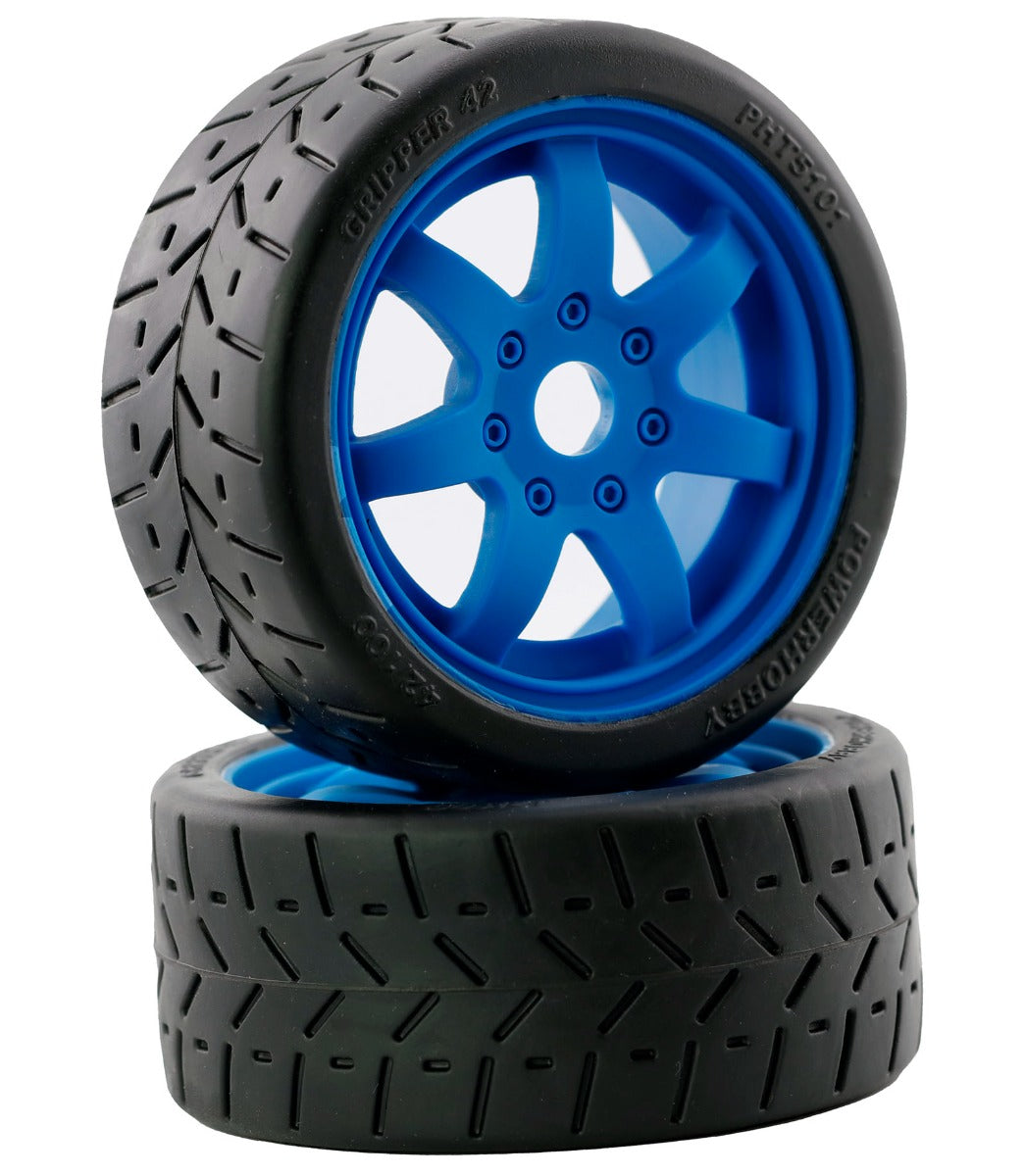 Powerhobby 1/8 Gripper 42/100 Belted Mounted Tires 17mm Chrome Blue