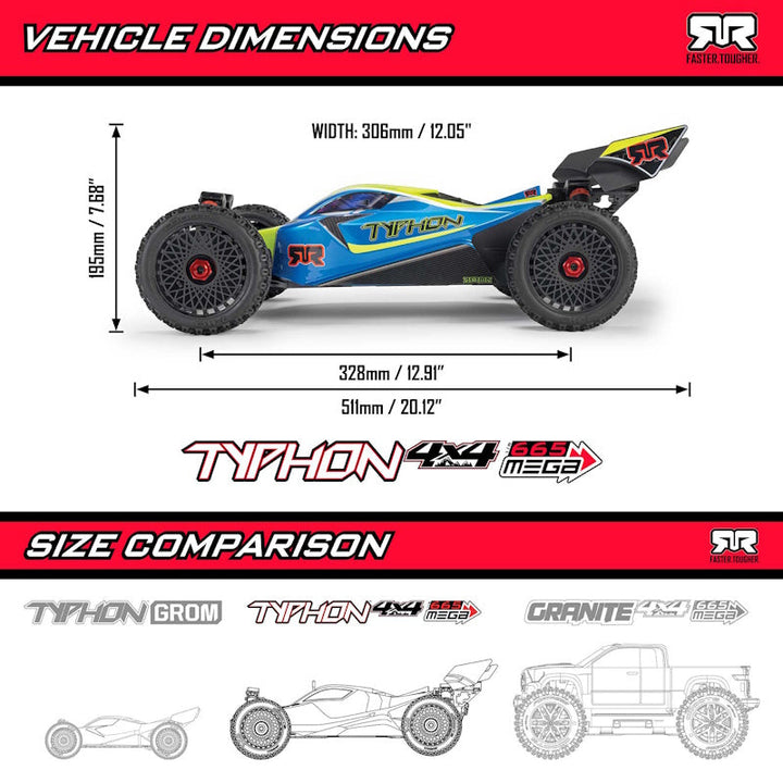 Arrma ARA4206V4T3 1/8 TYPHON MEGA 665 4X4 RTR Brushed Buggy, Red