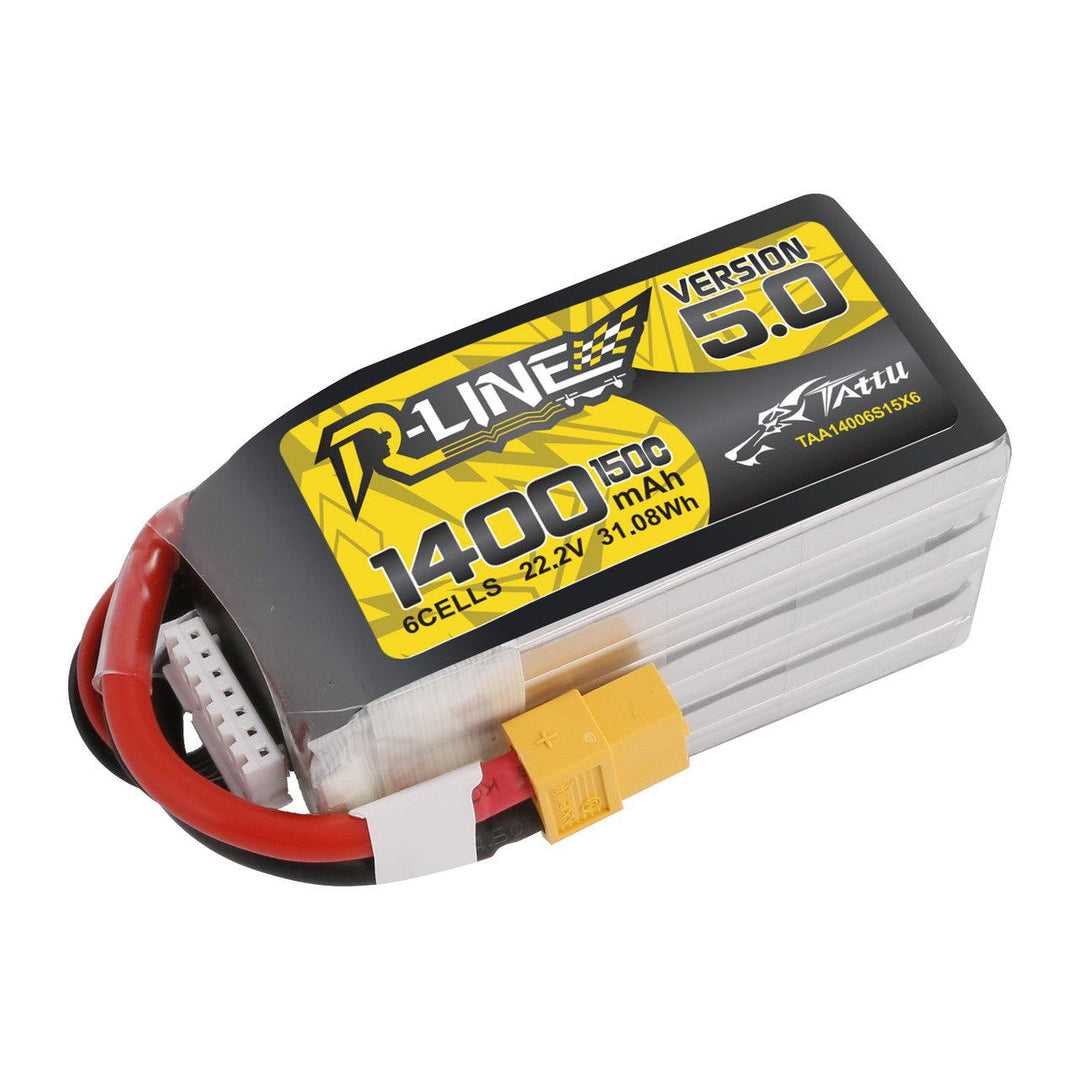 Batería de polímero de litio Tattu R-Line versión 5.0 de 1400 mAh, 6S, 150 C y 22,2 V con conector XT60