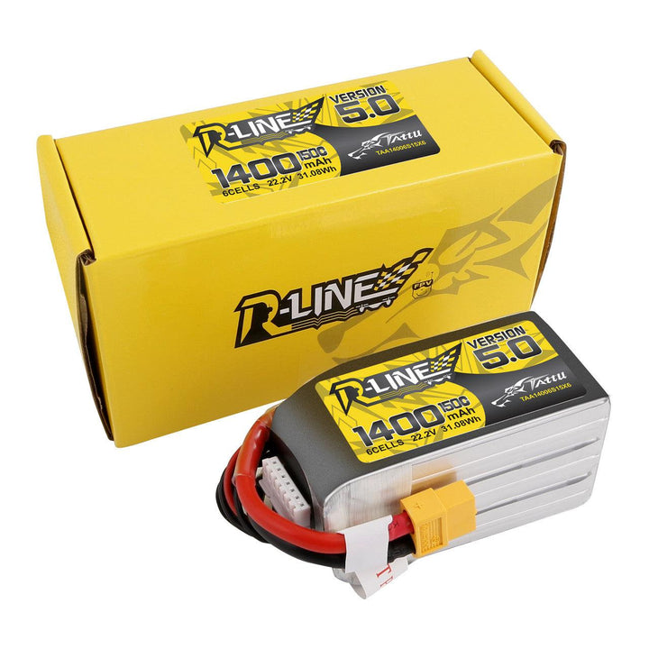 Batería de polímero de litio Tattu R-Line versión 5.0 de 1400 mAh, 6S, 150 C y 22,2 V con conector XT60