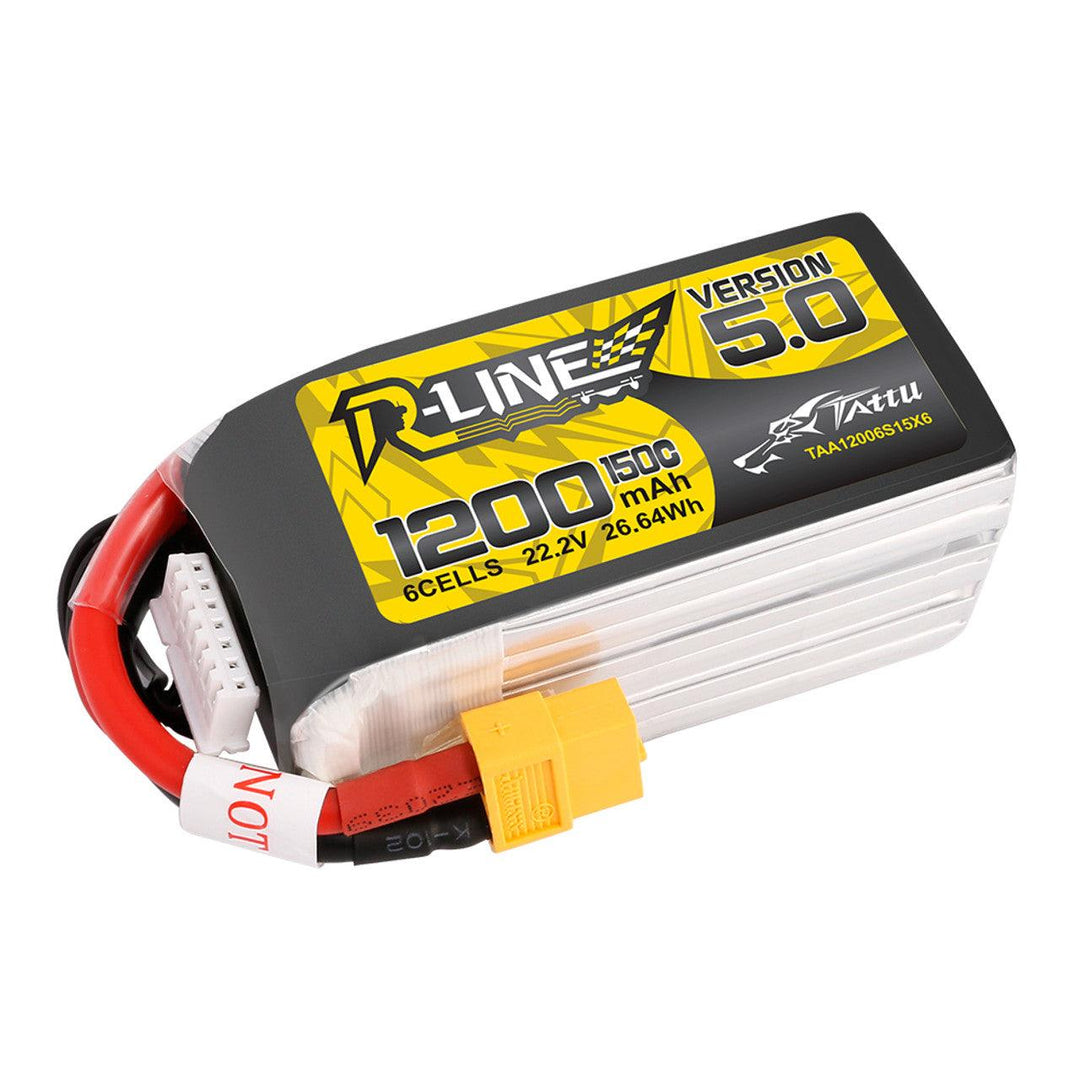 Batería de polímero de litio Tattu R-Line versión 5.0 de 1200 mAh, 6S, 150 C, 22,2 V y conector XT60