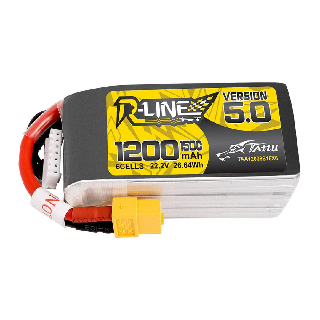 Batería de polímero de litio Tattu R-Line versión 5.0 de 1200 mAh, 6S, 150 C, 22,2 V y conector XT60