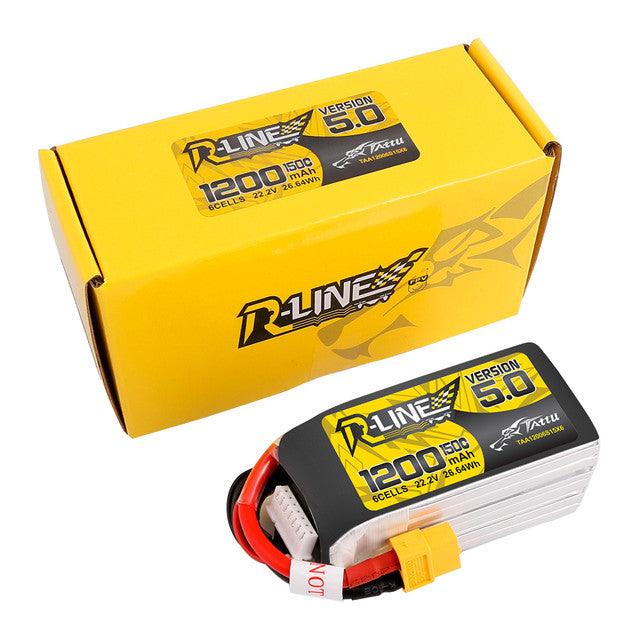 Batería de polímero de litio Tattu R-Line versión 5.0 de 1200 mAh, 6S, 150 C, 22,2 V y conector XT60