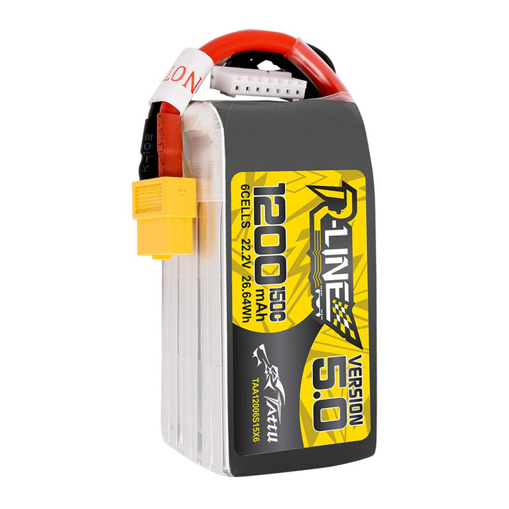 Batería de polímero de litio Tattu R-Line versión 5.0 de 1200 mAh, 6S, 150 C, 22,2 V y conector XT60