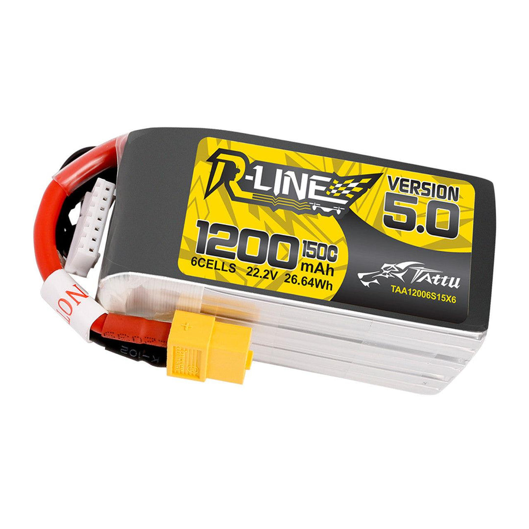 Batería de polímero de litio Tattu R-Line versión 5.0 de 1200 mAh, 6S, 150 C, 22,2 V y conector XT60