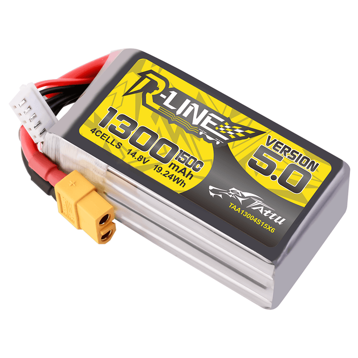 Batería de polímero de litio Tattu R-Line versión 5.0 de 1300 mAh, 4S, 14,8 V y 150 C con conector XT60