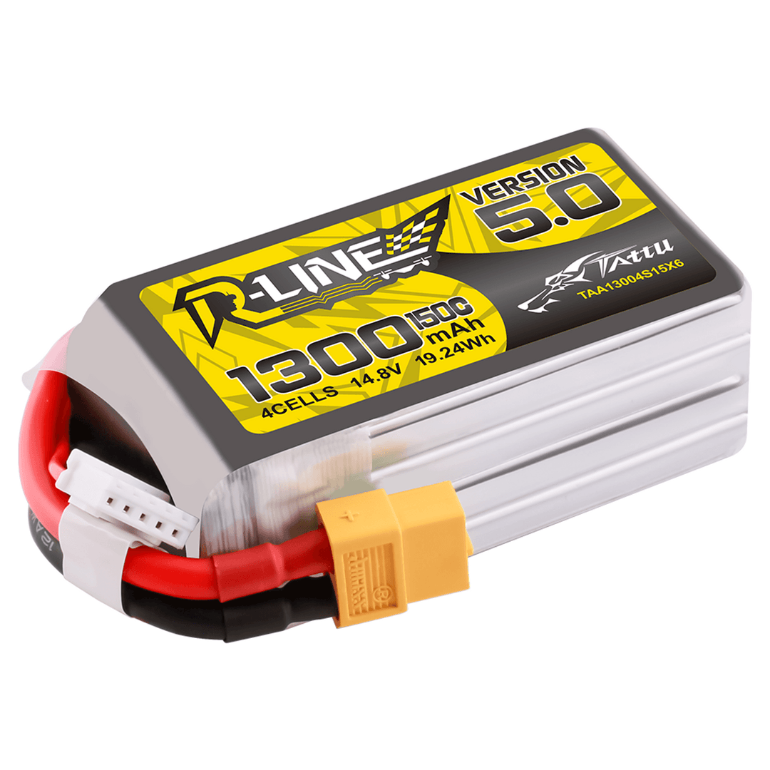 Batería de polímero de litio Tattu R-Line versión 5.0 de 1300 mAh, 4S, 14,8 V y 150 C con conector XT60