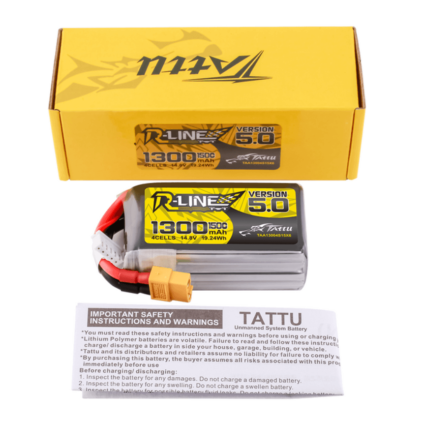 Batería de polímero de litio Tattu R-Line versión 5.0 de 1300 mAh, 4S, 14,8 V y 150 C con conector XT60