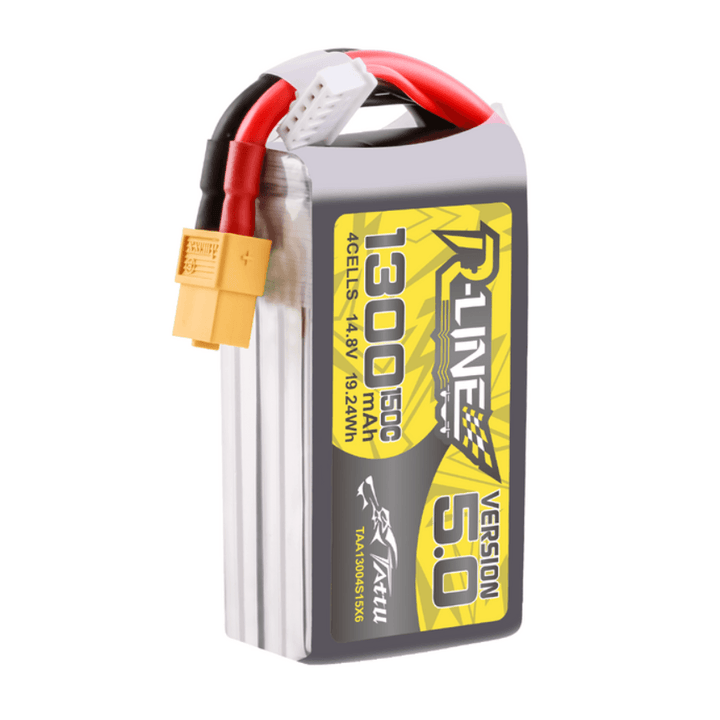 Batería de polímero de litio Tattu R-Line versión 5.0 de 1300 mAh, 4S, 14,8 V y 150 C con conector XT60