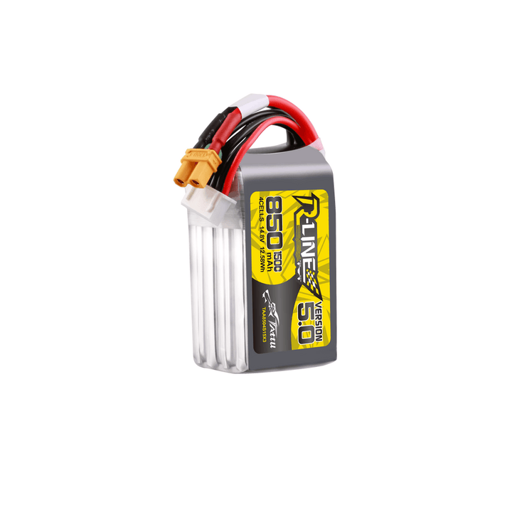 Batería de polímero de litio Tattu R-Line versión 5.0 de 850 mAh, 4S, 14,8 V y 150 C con conector XT30