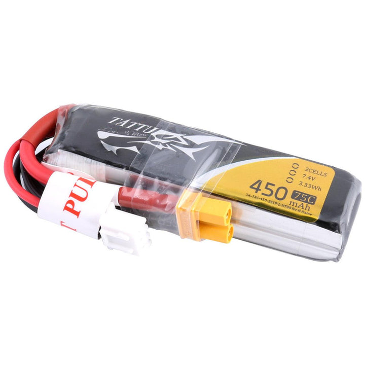 Paquete de batería de polímero de litio Tattu de 450 mAh, 2S, 75 C y 7,4 V con conector XT30 (tamaño largo)