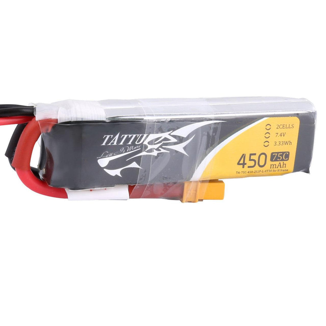 Paquete de batería de polímero de litio Tattu de 450 mAh, 2S, 75 C y 7,4 V con conector XT30 (tamaño largo)