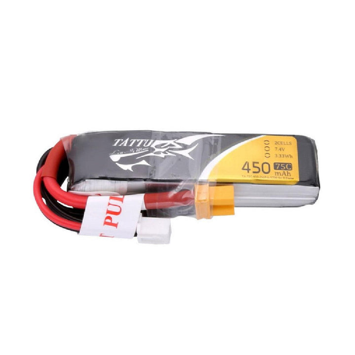 Paquete de batería de polímero de litio Tattu de 450 mAh, 2S, 75 C y 7,4 V con conector XT30 (tamaño largo)