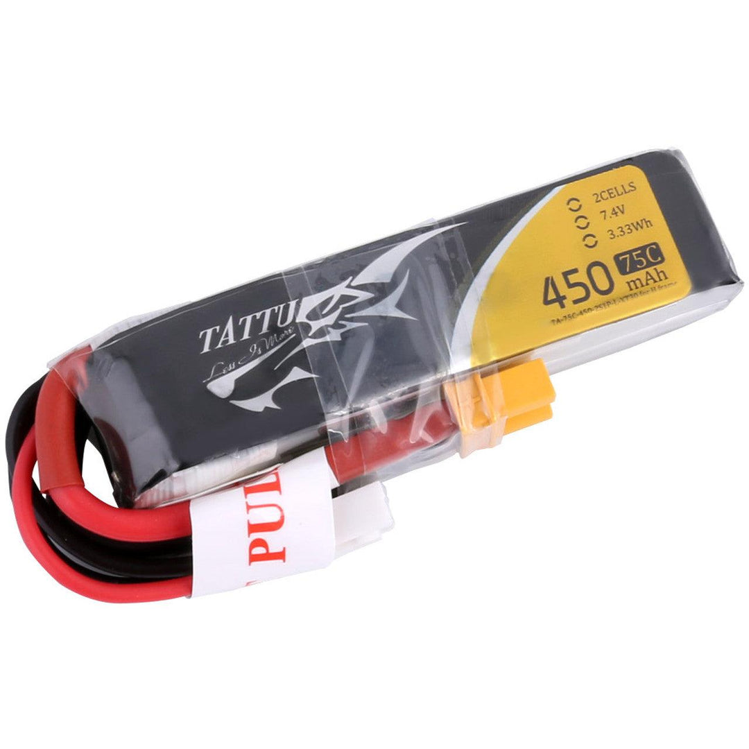 Paquete de batería de polímero de litio Tattu de 450 mAh, 2S, 75 C y 7,4 V con conector XT30 (tamaño largo)