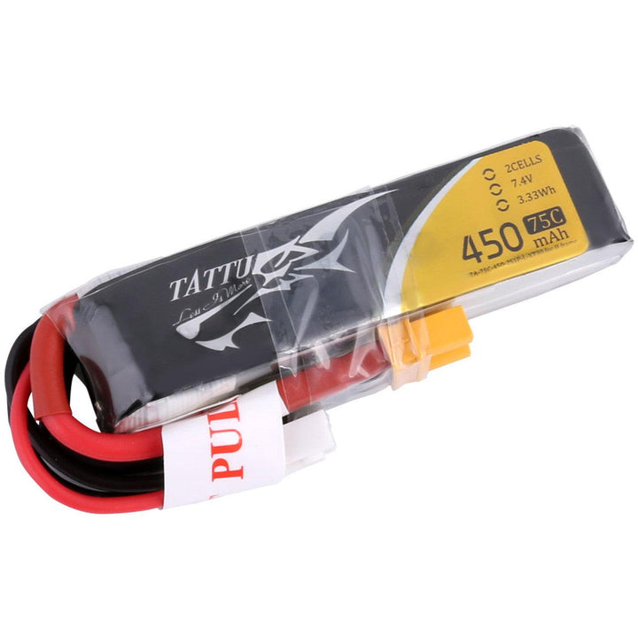 Paquete de batería de polímero de litio Tattu de 450 mAh, 2S, 75 C y 7,4 V con conector XT30 (tamaño largo)