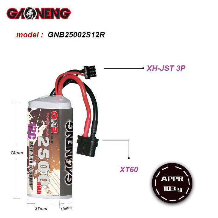 Batería de iones de litio GNB de 2500 mAh, 7,4 V, 2 S, 12 C, 18650, de largo alcance, para FPV