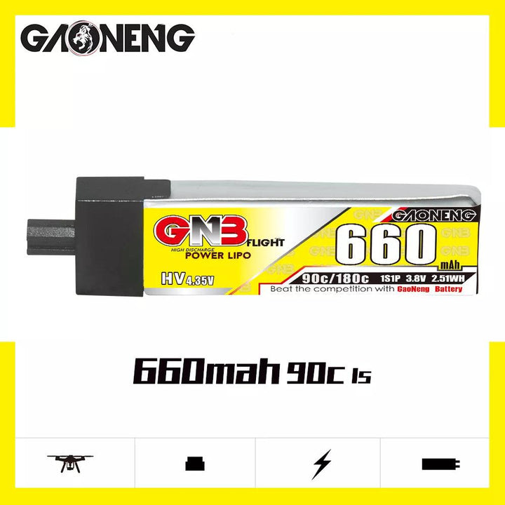 Batería de polímero de litio GNB 1S 3,8 V HV 660 MAH 90 C GNB27 con cabezal de plástico 