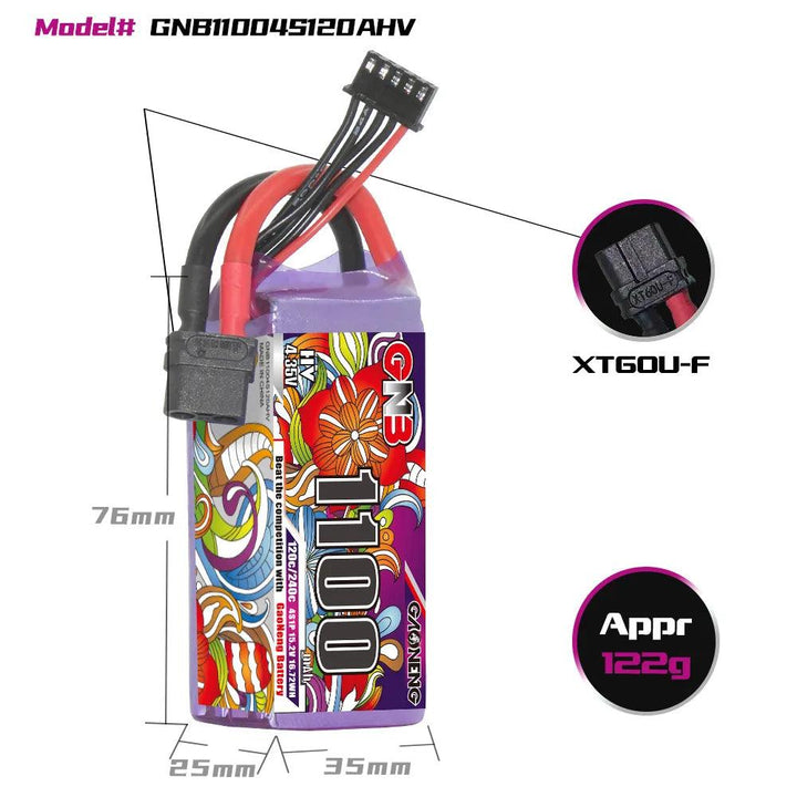 Batería de polímero de litio de alto voltaje GNB 4S 1100 MAH 15,2 V 120 C XT60 HV