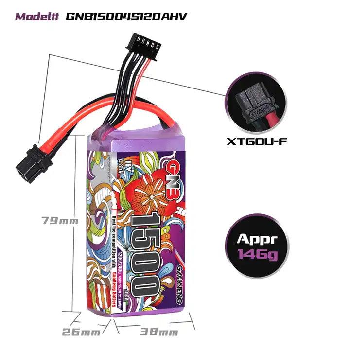 Paquete de carreras de competición ligero para dron FPV de alto voltaje LiHV GNB 4S 1500 MAH 15,2 V 120 C XT60 HV