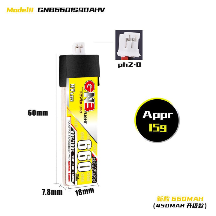 Batería de polímero de litio GNB de 660 mAh, 1 s, 3,8 V, alta tensión, 90 C, PH 2.0