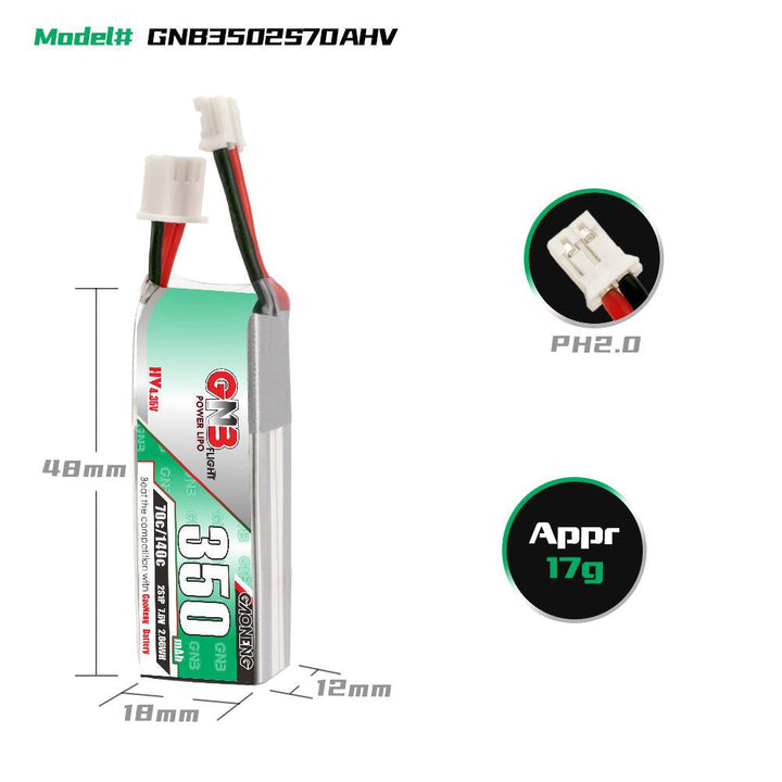 Batería GNB de 350 mAh, 2S, 7,6 V, alta tensión, 70 °C, 140 °C 