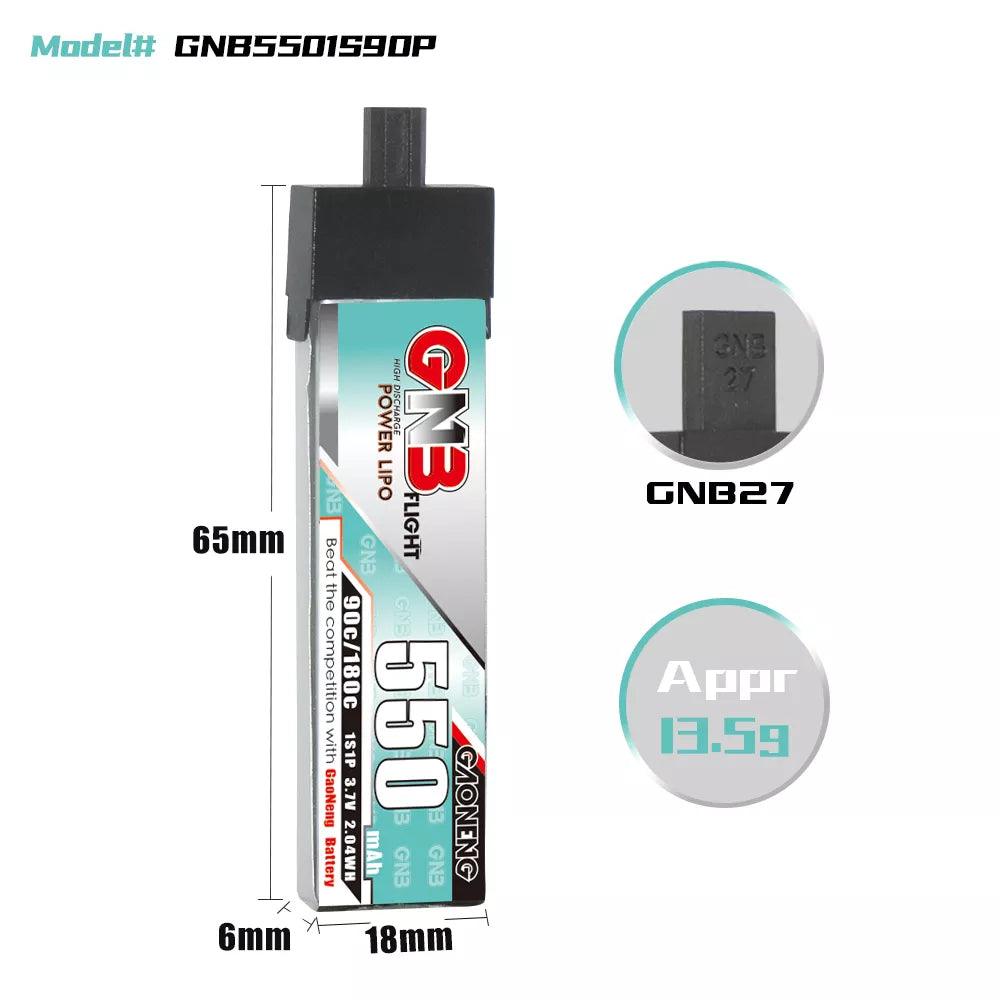 Batería de polímero de litio con cabezal de plástico y conector GNB 1S 550 MAH 3,7 V 90 C GNB27 