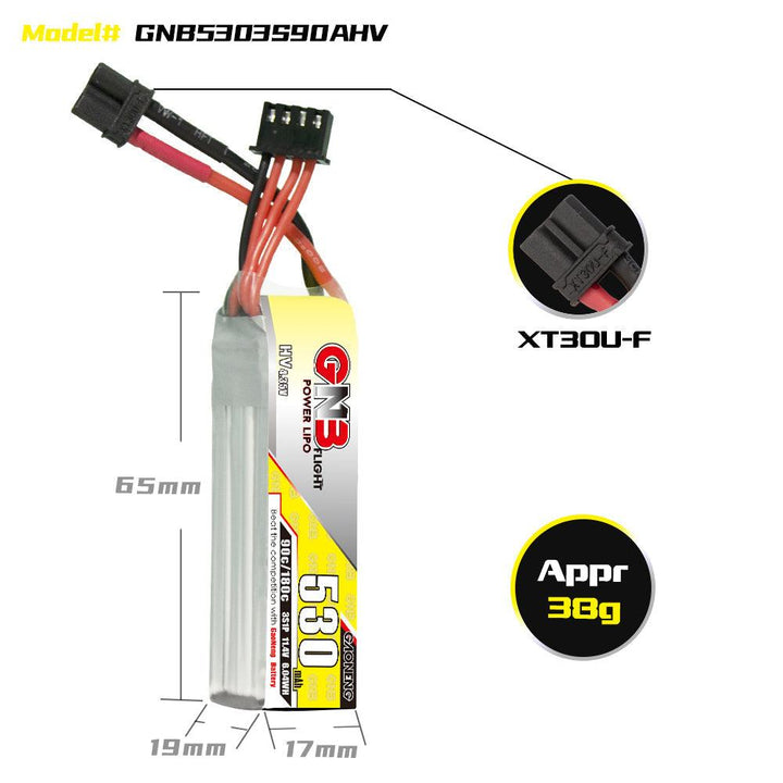 Batería de polímero de litio GNB de 530 mAh, 3S, 11,4 V, alta tensión, 90 C, XT30