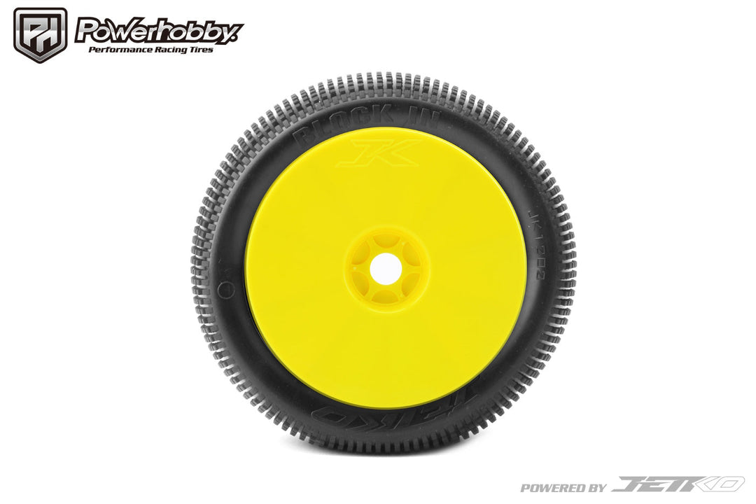 Powerhobby Block In 1/8 Truggy Mounted Tires Yellow Dish Wheels (2) Medium Soft