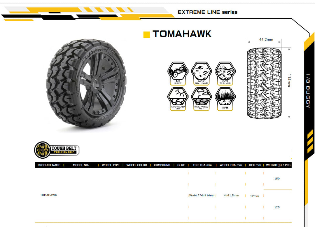 Powerhobby 1/8 Buggy Tomahawk Belted Tires Mounted 17MM Claw Wheels