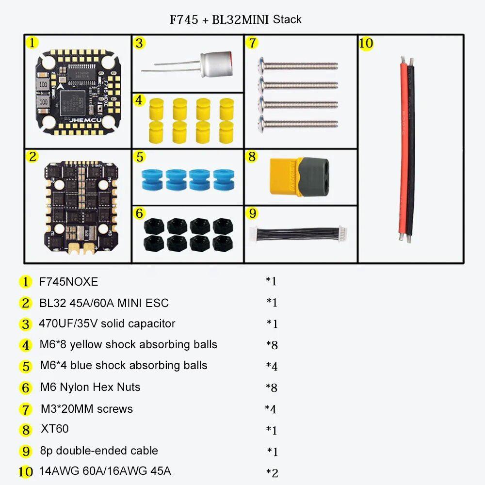 Controlador de vuelo F745 NOXE AM32 60A Mini Stack 3-6S con ESC 4 en 1 de 60 A