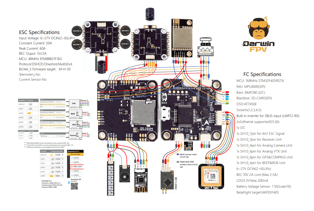 DarwinFPV Betaflight F4 FC 50A 2-6S BLHeli_S 4in1 Dshot600 ESC Stack- 30x30mm at WREKD Co.