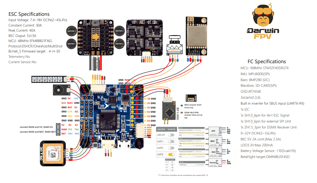 DarwinFPV Betaflight F4 V3S Flight Control Built-in Image Filtering OSD 30A 4in1 ESC Flytower - 30x30mm at WREKD Co.