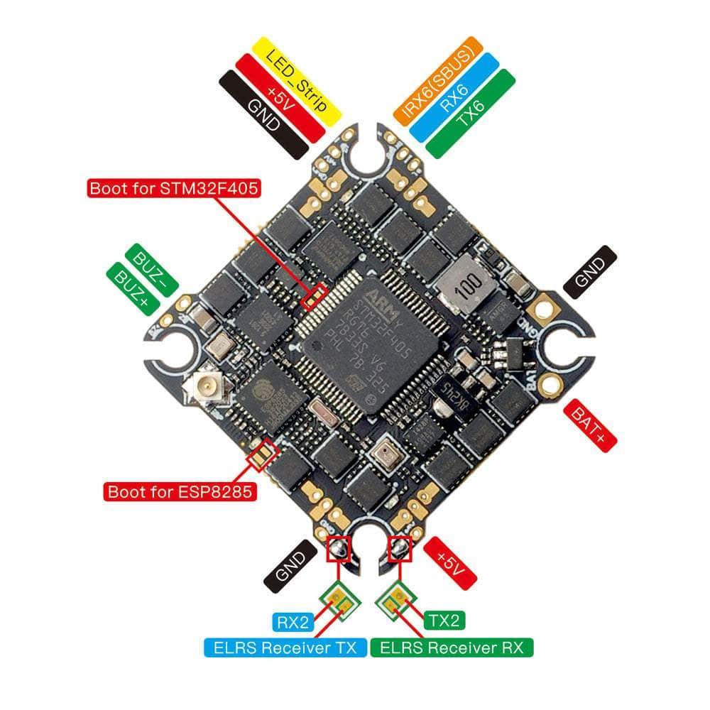 HappyModel SuperF405HD 2-4S F4 AIO Toothpick/Whoop Flight Controller (w/ 20A 8Bit 4in1 ESC & 2.4GHz ELRS RX) at WREKD Co.