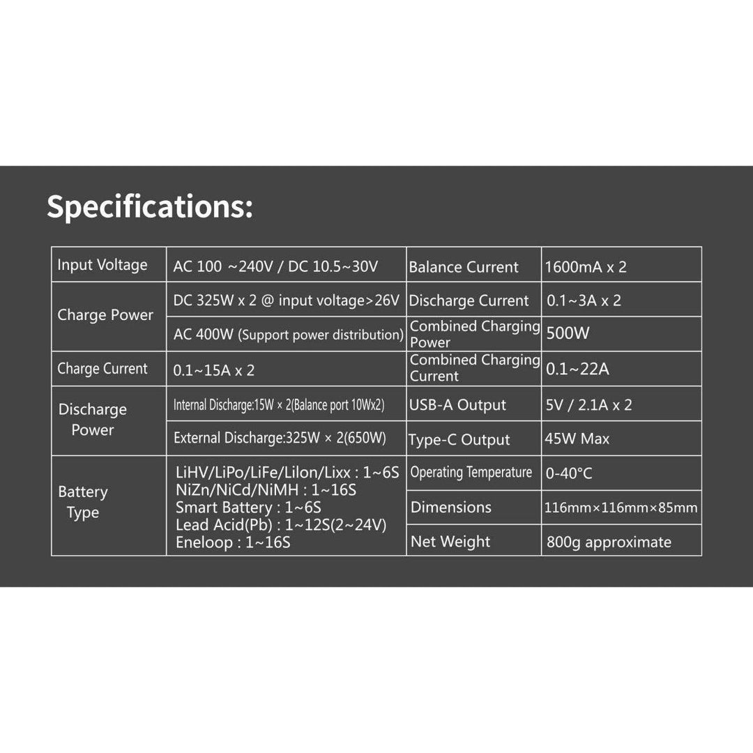 HOTA S6 400W 15A 1-6S Dual Channel AC/DC Smart Charger - Black at WREKD Co.