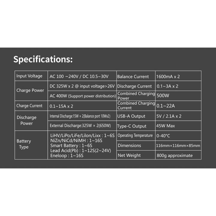 HOTA S6 400W 15A 1-6S Dual Channel AC/DC Smart Charger - Black at WREKD Co.