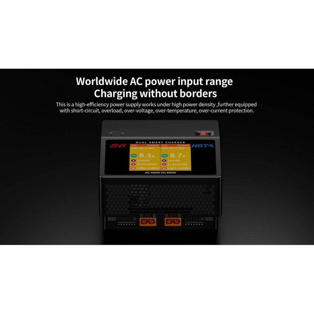 HOTA S6 400W 15A 1-6S Dual Channel AC/DC Smart Charger - Black at WREKD Co.