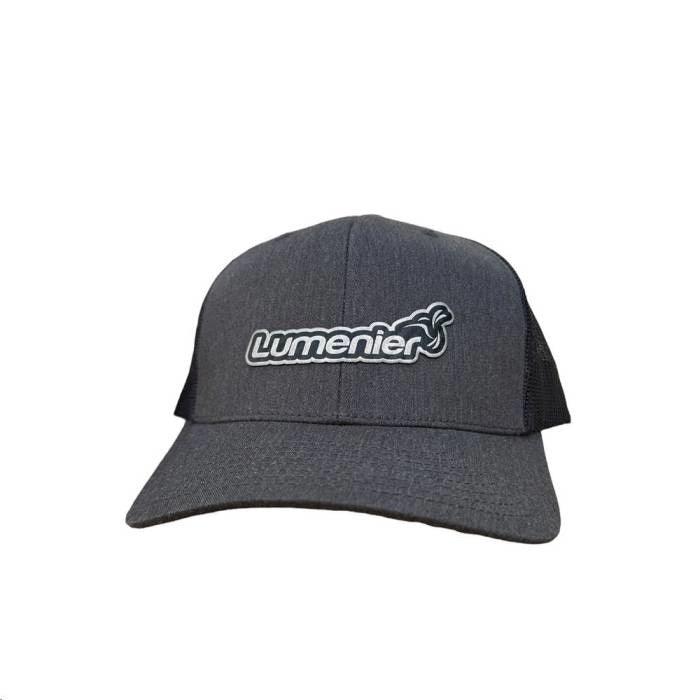 Gorra de camionero retro con logotipo de Lumenier, color negro y jaspeado oscuro