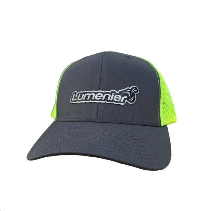 Gorra de camionero retro con logotipo de Lumenier: color carbón/verde neón