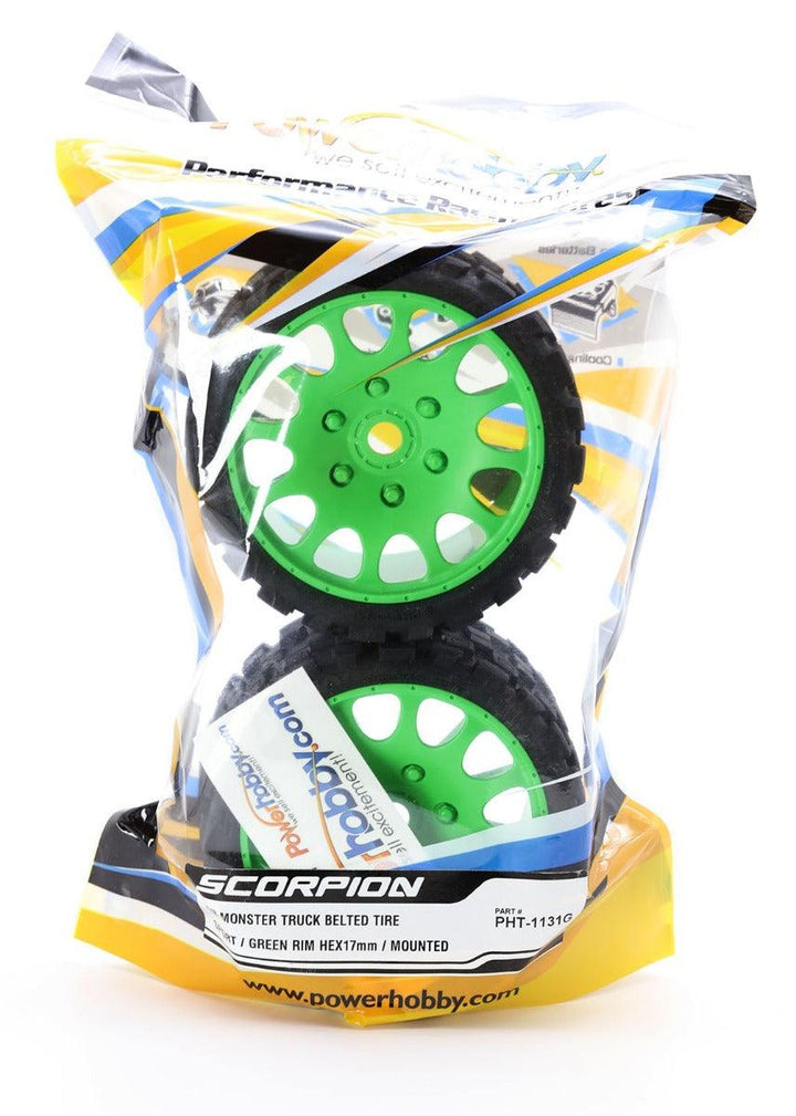 Powerhobby Scorpion Belted Monster Truck Tires / Wheels w 17mm Hex (2) GREEN