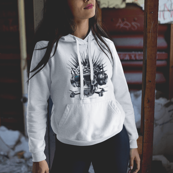 Cyberpunk FPV Skull Unisex Hoodie by WREKD Co. - Choose White or Black at WREKD Co.