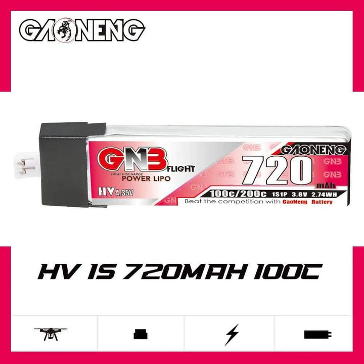 Gaoneng GNB 3.8V 1S 720mAh 100C LiHV Whoop/Micro Battery w/ Plastic Head - PH2.0 at WREKD Co.