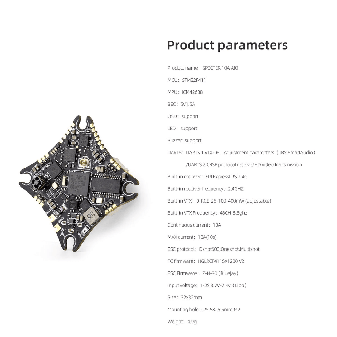 HGLRC Specter F411 1-2S AIO Whoop/Toothpick Flight Controller (w/ 10A 8Bit 4in1 ESC & 400mW VTX) - ELRS 2.4GHz (SPI) at WREKD Co.