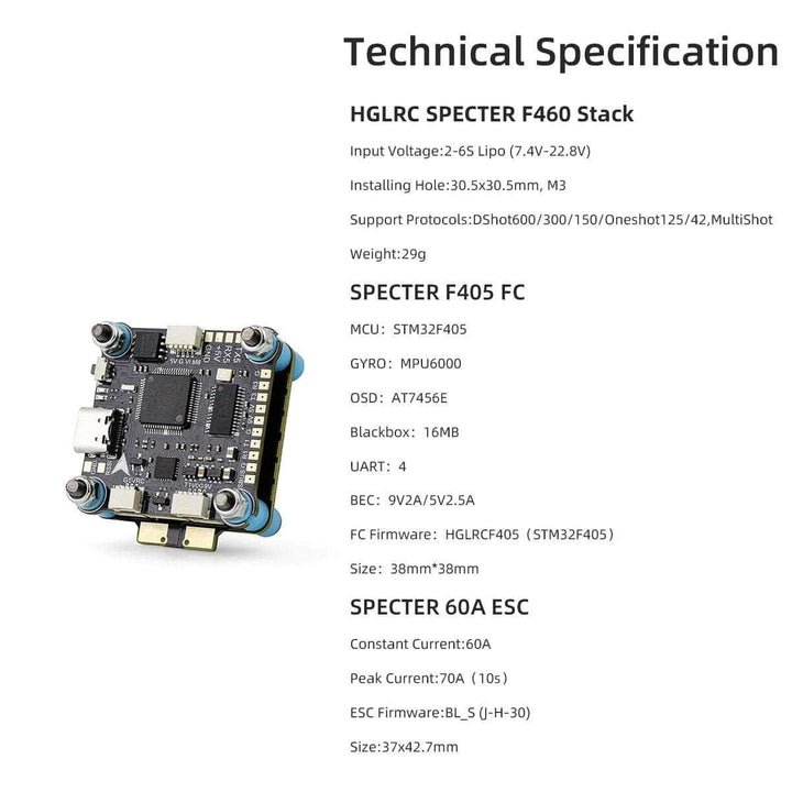 HGLRC SPECTER F460 HD 2-6S 30x30 Stack/Combo (F405 V2 FC / 8Bit 60A 4in1 ESC) - MPU6000 at WREKD Co.