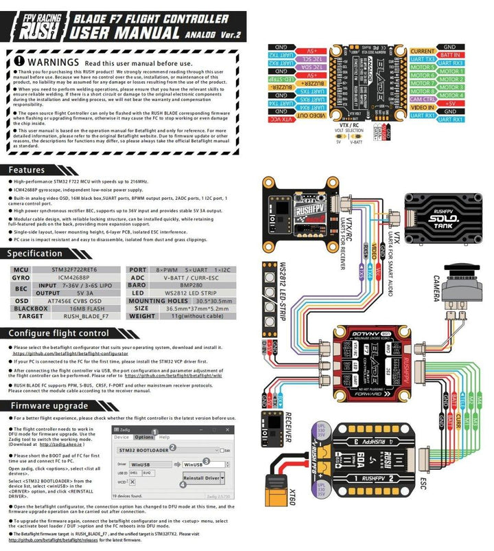 RUSHFPV Blade F722 V2 30x30mm Flight Controller for Analog at WREKD Co.