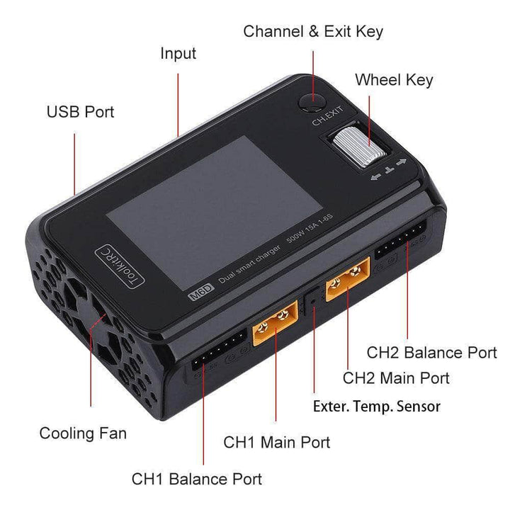 ToolkitRC M6D 500W 15A 1-6S Dual Channel DC Smart Charger at WREKD Co.