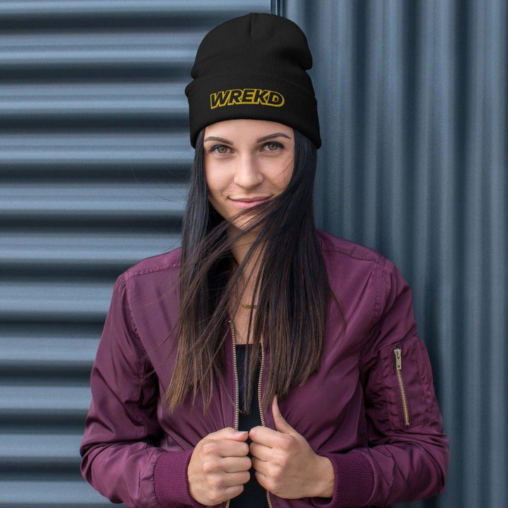 WREKD Gold on Black Logo Knit Beanie at WREKD Co.