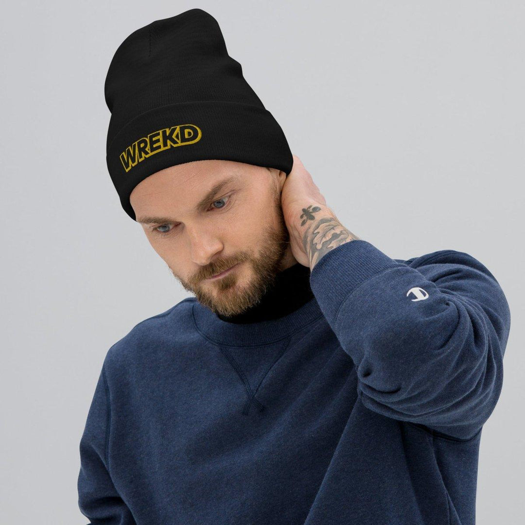 WREKD Gold on Black Logo Knit Beanie at WREKD Co.