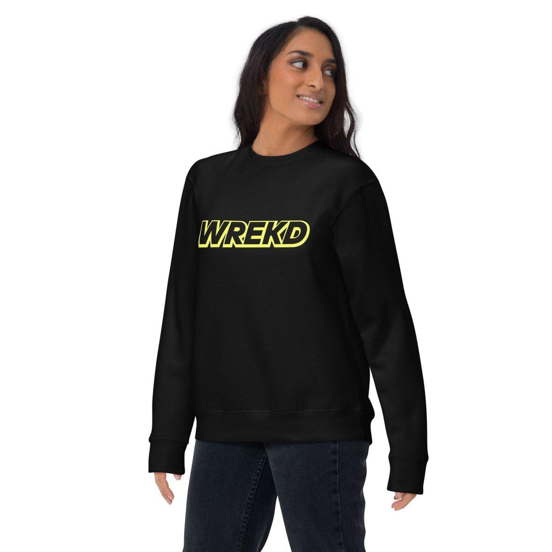 WREKD Yellow on Black Logo Unisex Premium Sweatshirt at WREKD Co.