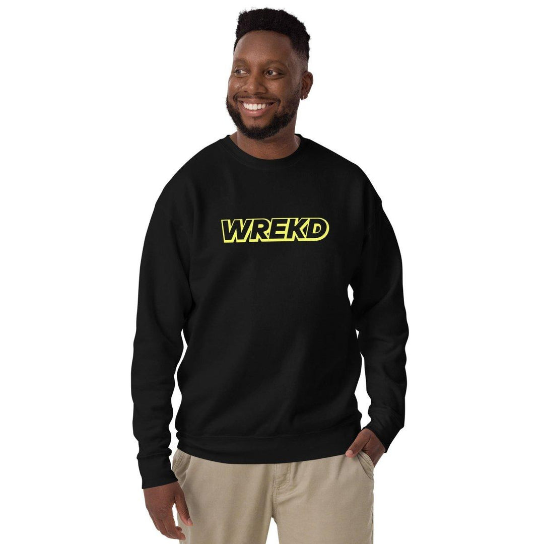 WREKD Yellow on Black Logo Unisex Premium Sweatshirt at WREKD Co.